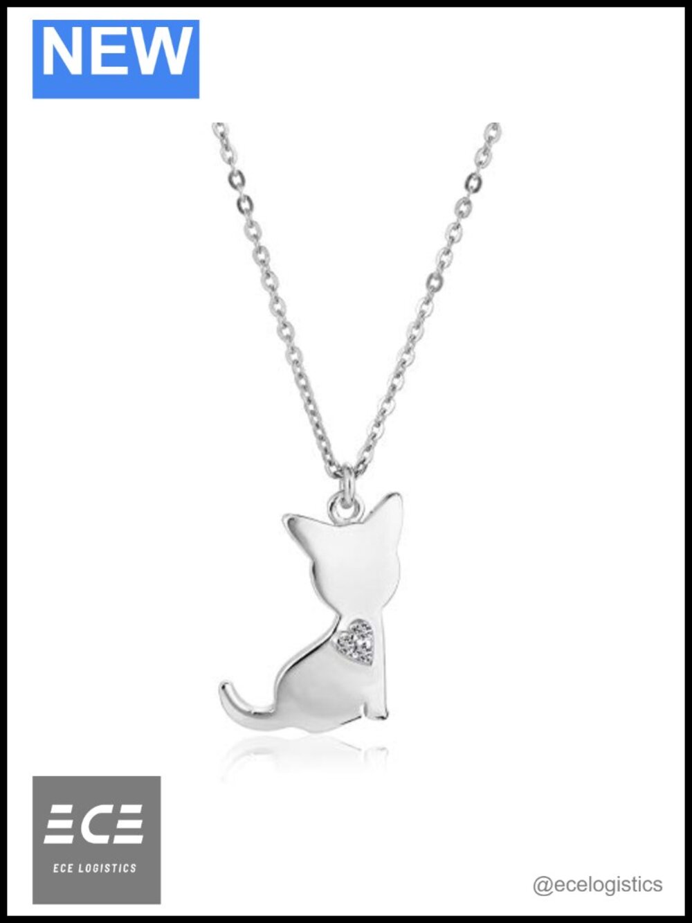 Sterling Silver Rhodium Plated Diamond Cat Pendant Necklace 16in